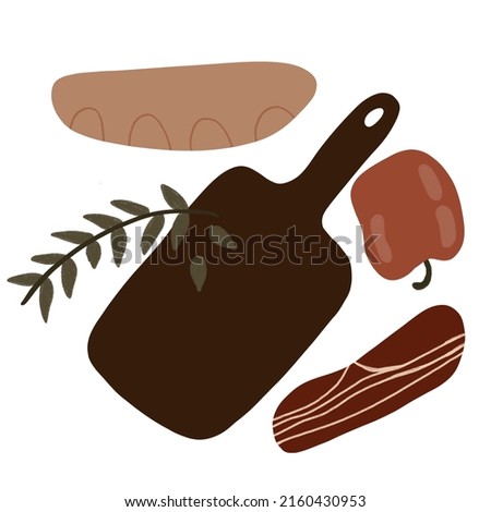 set with items for cooking board bread pepper and bacon on a white background