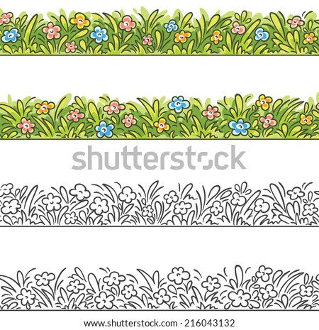 Seamless border of cartoon grass and flowers. To make it seamless please join the two parts.