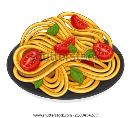Italian pasta noodles with tomato and basil. Italian noodles food recipes. Vegan pasta spaghetti noodles menu close up illustration vector. Royalty-Free Stock Photo #2160434269