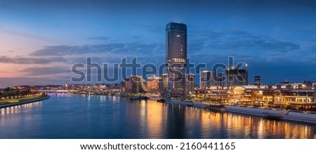 Panoramic night view of Belgrade Waterfront, Sava river, Belgrade Tower, Kalemegdan Royalty-Free Stock Photo #2160441165