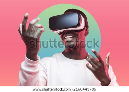 Retro futuristic portrait of young black man exploring metaverse in vr goggles for smartphone touching something in air, reaching hands. Modern gadget and innovative technology Royalty-Free Stock Photo #2160443785