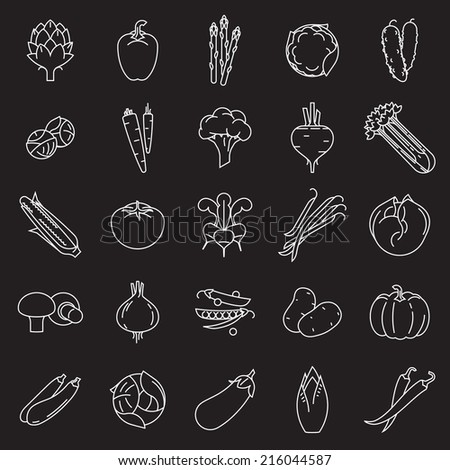 Vector modern flat design vegetables and green salads line icons, white on black | Set of contour vegetable clip art featuring endive, beetroot, brussels sprouts, zucchini, iceberg lettuce, and more