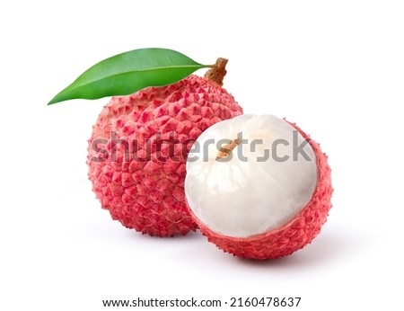 Juicy Lychee with cut in half isolated on white background. Clipping path. Royalty-Free Stock Photo #2160478637