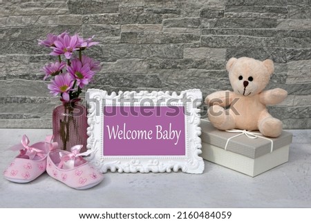 Invitation or greeting card motif: teddy bear with a gift, flowers, baby shoes and the text Welcome Baby on a pink frame for a girl.