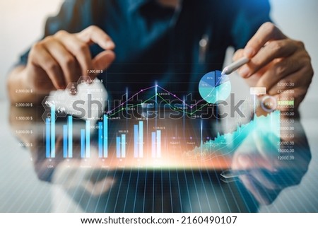 Business analysis big data screen and economic growth with financial graph. Concept of metaverse virtual dashboard technology digital marketing and global economy network connection. 3D illustration. Royalty-Free Stock Photo #2160490107