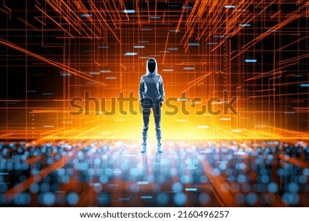 Darknet and cyber security concept with anonymous person on abstract digital bright background