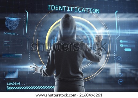 Personal data and security of future technology concept with back view on anonymous person touching virtual digital screen wall with identification process