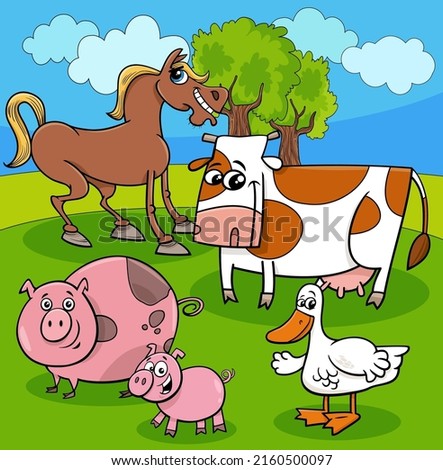 Cartoon illustration of farm animals characters group in the meadow