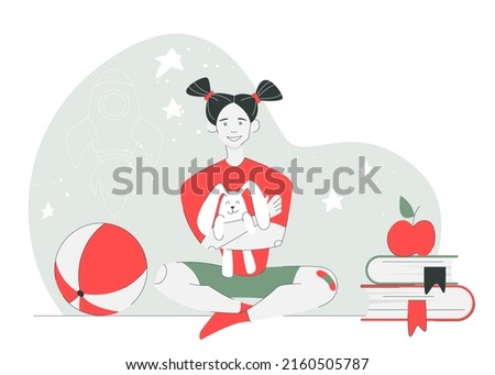 Illustration of a child playing with toys and a ball. A little girl hugs a toy rabbit. Starry sky and a rocket on the background. Vector illustration.