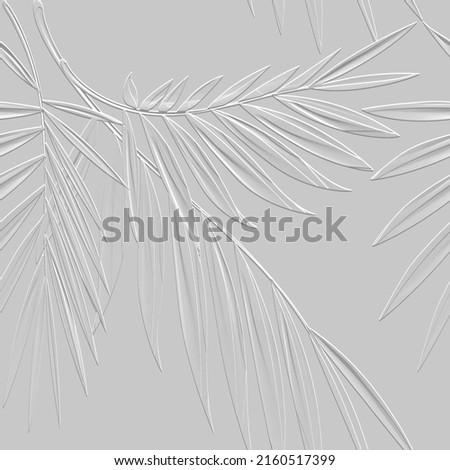 Textured floral line art tracery 3d seamless pattern. Tropical palm leaves relief background. Repeat embossed white backdrop. Surface leaves, branches. 3d endless leafy ornament with embossing effect. Royalty-Free Stock Photo #2160517399