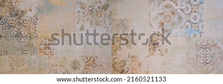 Old brown gray rusty vintage worn geometric shabby mosaic ornate patchwork motif porcelain stoneware tiles stone concrete cement wall texture background banner panorama Royalty-Free Stock Photo #2160521133