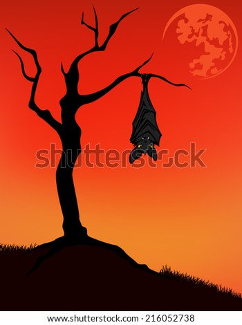 halloween background - twisted tree with evil bat and moon at sunset sky