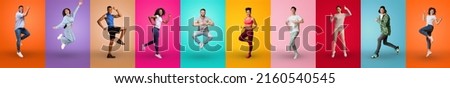 Happy millennial men and women gesturing on colorful studio backgrounds, cheerful attractive multiethnic young people demonstrating various lifestyles, hobbies, emotions, set of full length shots