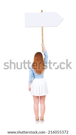 Back view  of woman showing a sign board. young redhead girl holds information plate. Rear view people collection. backside view of person.  Isolated over white background. 