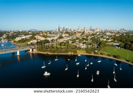 Aerial view of a waterfront suburb close to to Sydney CBD in Australia
