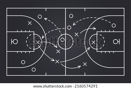 Basketball strategy field, game tactic chalkboard template. Hand drawn basketball game scheme, learning orange board, sport plan vector illustration. Royalty-Free Stock Photo #2160574291