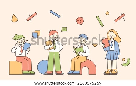 Students in school uniforms are sitting or standing with books. Basic shapes are decorated. flat design style vector illustration.
