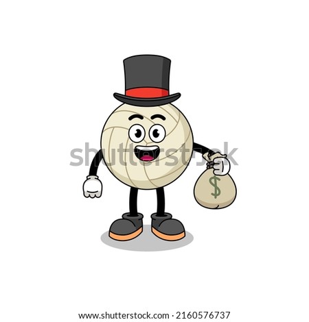 volleyball mascot illustration rich man holding a money sack , character design