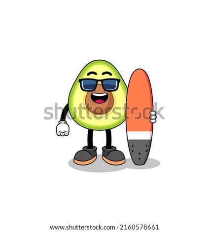 Mascot cartoon of avocado as a surfer , character design