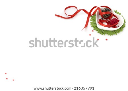 Picture with red ribbon, heart shape small bowl and decorations