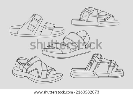set of outline Cool strap sandals. strap sandals outline drawing vector, strap sandals drawn in a sketch style, strap sandals trainers template outline, Set Collection. grey background
 Royalty-Free Stock Photo #2160582073
