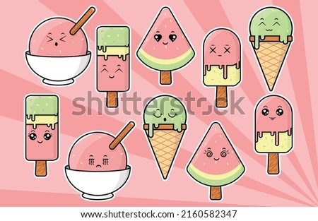 cute kawaii ice cream characters with many expression