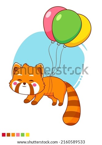 Cute red panda flying with balloons cartoon character