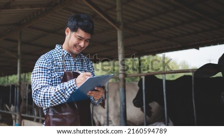 male farmer checking on his livestock and quality of milk in the dairy farm .Agriculture industry, farming and animal husbandry concept ,Cow on dairy farm eating hay,Cowshed. Royalty-Free Stock Photo #2160594789