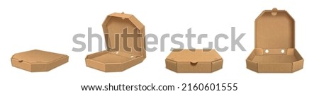 Brown craft cardboard pizza box 3d realistic vector. Open empty and closed carton package for delivery fast food, top side view isolated mockup illustration on white background
