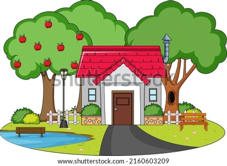 House with many trees and little pond illustration