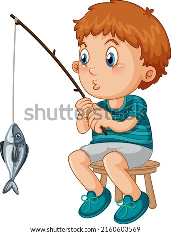 Happy kid sitting on a chair fishing illustration