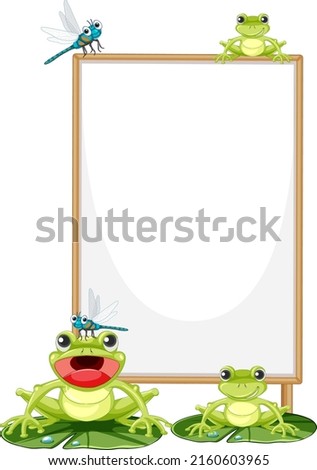 Blank wooden signboard with frog in cartoon style illustration