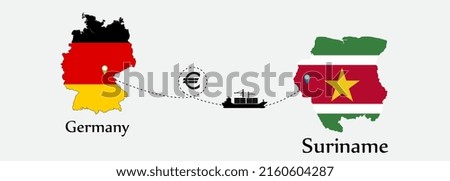 Business concept of both country. Ship transport from Germany go to Suriname. And flags symbol on maps. EPS.file.Cargo ship.