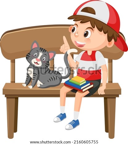 A boy sitting on bench with a cat illustration