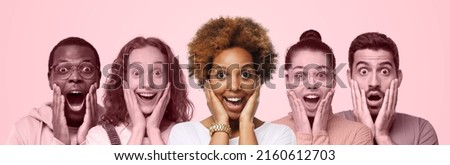 Diverse surprised people with wow and shock face expression, isolated on pink background