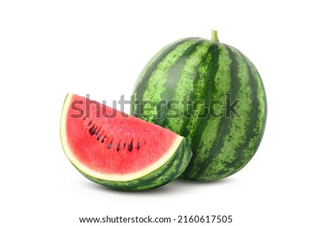 Juicy watermelon with sliced isolated on white background. Clipping path. Royalty-Free Stock Photo #2160617505