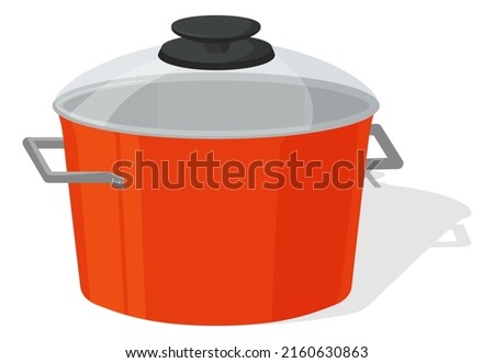 Pot.A red saucepan with a glass lid.Kitchen appliance for cooking.Vector illustration.