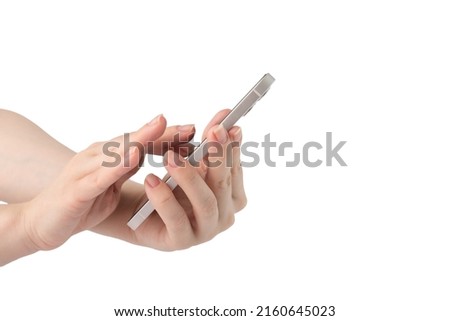 apple 12 smartphone mobile in hand, woman touching smartphone screen, Russia,Moscow,April 20, 2022