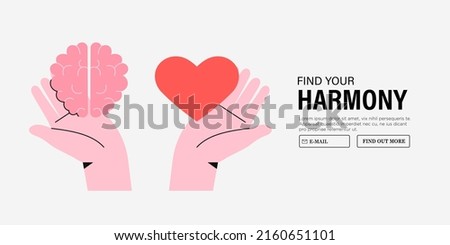 Wellness concept. Body and brain harmony, meditation, exercises or healthcare. Hands hold heart shape and human brain. Concept of mental and physical health, connection or balance. 