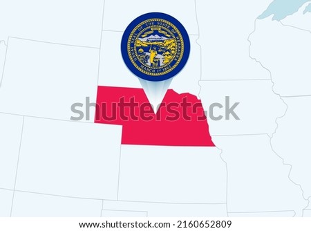United States with selected Nebraska map and Nebraska flag icon. Vector map and flag.