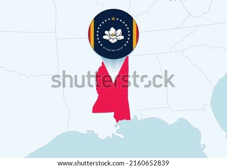 United States with selected Mississippi map and Mississippi flag icon. Vector map and flag.