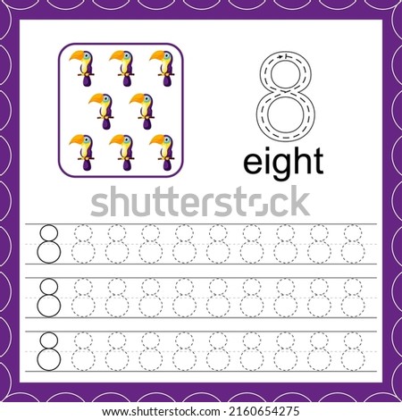 Cards with numbers for children. Trace the line. For kids learning to count and to write. Number eight.Count toucan game. Educational maths worksheets