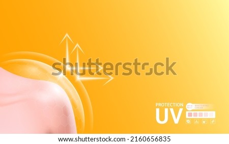 Woman shoulder beautiful and bubble dome translucent shield for UV protection ultraviolet your skin with sunblock vitamin. Products design cream skin care. Empty place for text. Vector Eps10. Royalty-Free Stock Photo #2160656835