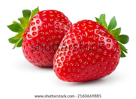 Strawberry isolated. Two strawberries with leaf on white background. Perfect retouched berry with clipping path. Full depth of field.