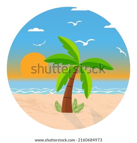 Summer logo with palm on the sandy beach. Summer beach illustration. Vector stock illustration.