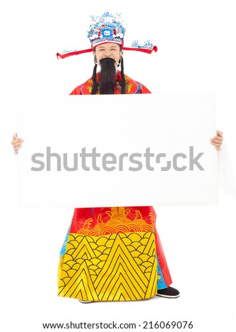 God of wealth holding a advertisement board over white background