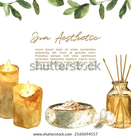 Watercolor spa frame template of burning candles, bowl of sea salt, reel diffuser, green leaves objects isolated on white background. Hand drawn backdrop of wellness aromatherapy clipart elements.
