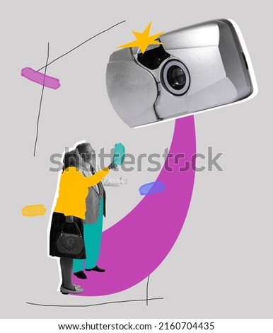 Taking picture. Bright contemporary art collage. Two senior people looking at retro photo camera on abstract background with drawings. Art, fashion and music. Ideas, vintage, retro style, imagination