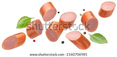 Sausage slices isolated on white background, full depth of field Royalty-Free Stock Photo #2160706985