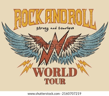 Rock and roll vintage t shirt design. Thunder  with eagle wing vector artwork for apparel, stickers, posters, background and others. Rock tour vintage artwork.